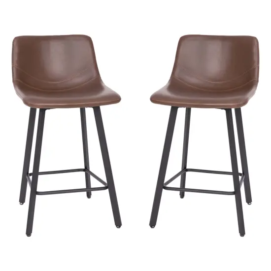 Merrick Lane Oretha Set of 2 Modern Upholstered Stools with Contoured, Low Back Bucket Seats and Iron Frames Black Faux Leather {8}