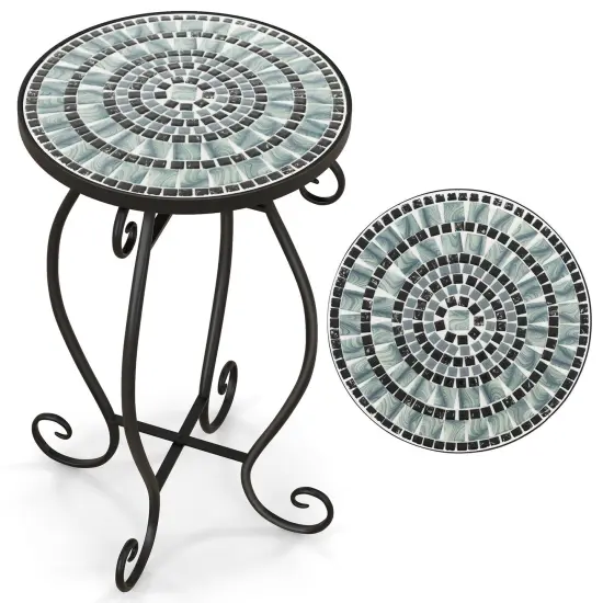12" Round Ceramic Tile Table with Floral Mosaic Design and Metal Legs Ideal for Balcony or Deck Black & Smoke Blue {2}