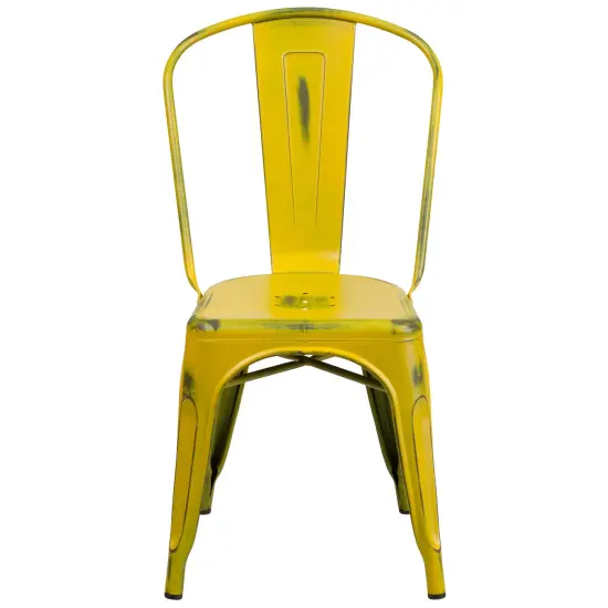 Merrick Lane Banks Indoor/Outdoor Stacking Metal Dining Chair with Single Slat Back and Distressed Powder Coated Finish Yellow {3}