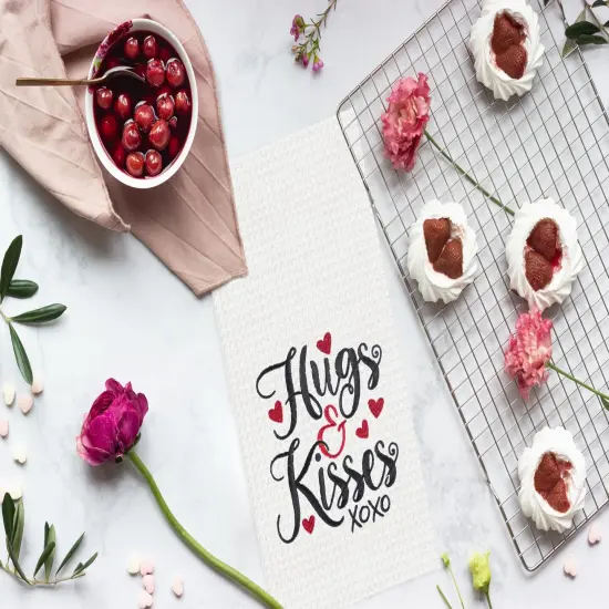 Valentine's Day "Hugs & Kisses" XOXO Embroidered Waffle Weave Kitchen Dishtowel {5}