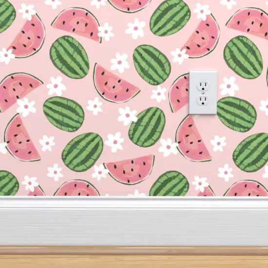 Pre-Pasted Wallpaper 2FT Wide Pink Fruit Summer Daisy Watermelons Small Scale Garden Picnic Floral Custom Pre-pasted Wallpaper by Spoonflower {4}