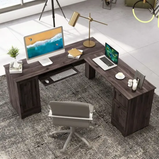 L-Shaped Office Desk with Storage Drawers and Keyboard Tray Dark Brown {2}