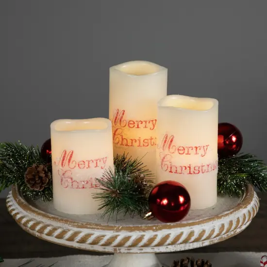 Northlight LED Flameless Frosted "Merry Christmas" Wax Pillar Candles - 6" - Set of 3 White {4}