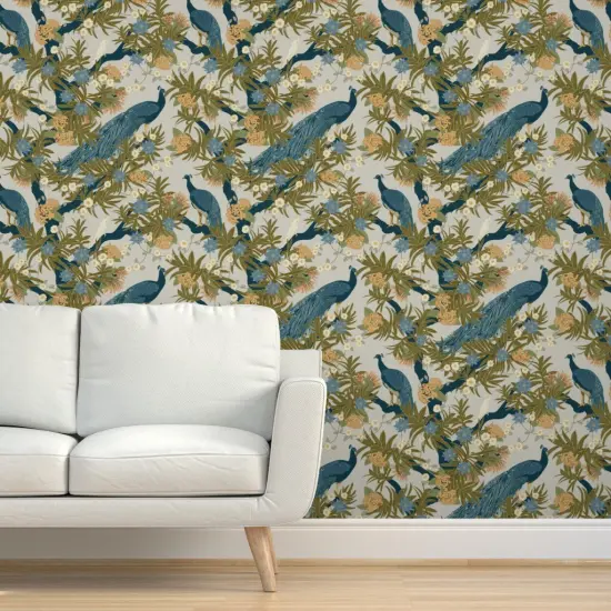 Pre-Pasted Wallpaper 2FT Wide Exotic Peacock Floral Cockatiel Tropical Botanical Tree Maximalist Large Scale Birds Custom Pre-pasted Wallpaper by Spoonflower {5}