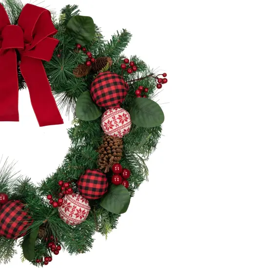 Northlight Red Bow and Mixed Foliage Artificial Christmas Wreath with Ornaments, 30-Inch {5}