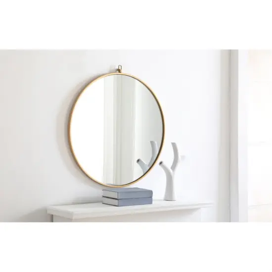 Metal frame Round Mirror with decorative hook 28 inch Brass finish {4}