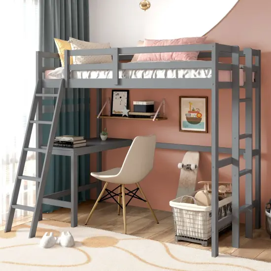 Twin Size Pine Wood Loft Bed with Desk, Guardrail, Dual Ladders Grey {2}
