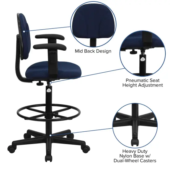 Emma and Oliver Two Cylinder Drafting Chair with Adjustable Arms Navy Blue Patterned {2}
