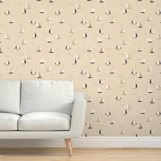 Pre-Pasted Wallpaper 2FT Wide Beige Boats Nautical Sailing Gender Neutral Coastal Seaside Country Style Cottagecore Chic Beach Large Scale Custom Pre-pasted Wallpaper by Spoonflower {5}