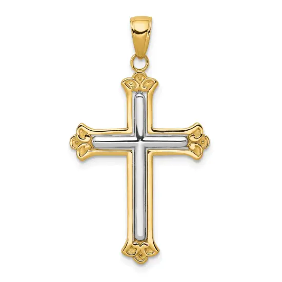 14K Gold Two Tone White Cross In Budded Yellow Cross Frame Pendant Charm Jewelry {1}