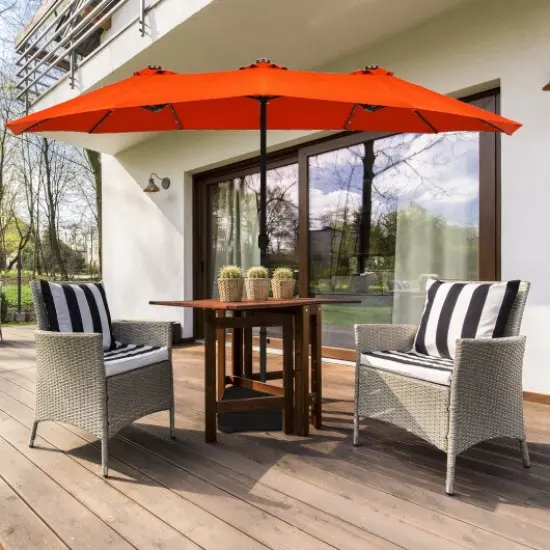 15 Ft Solar Led Patio Double-sided Umbrella Market Umbrella With Weight Base Orange {1}