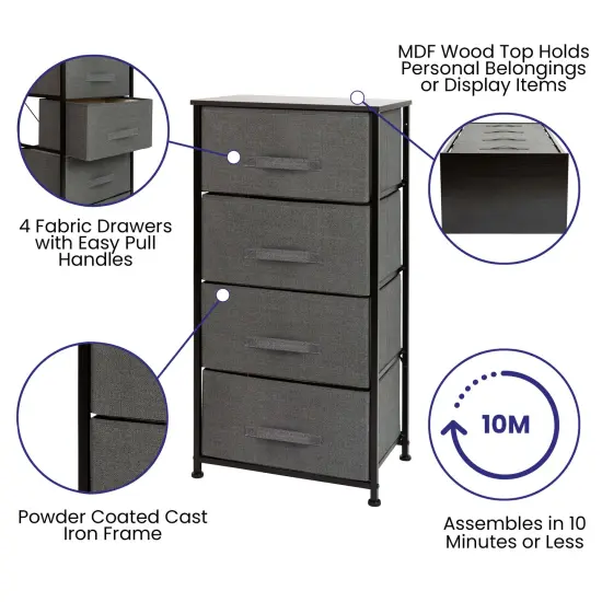 Emma and Oliver 4 Drawer Vertical Storage Dresser with Wood Top & Fabric Pull Drawers Black/Gray {2}