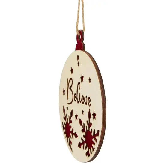 Northlight Snowflake and Star Cutout "Believe" Disc Christmas Ornament - 7" - Red and Beige {6}
