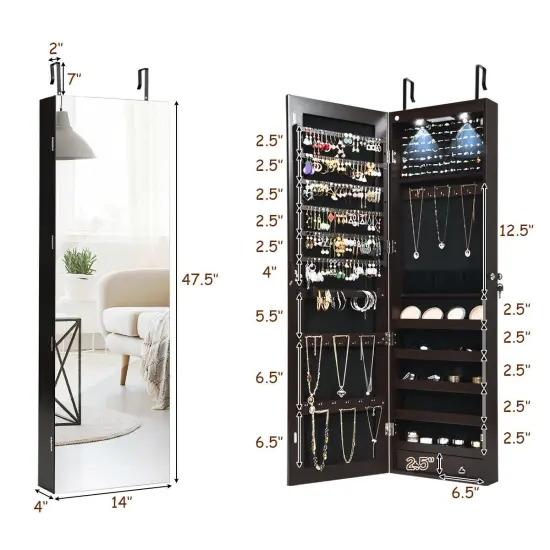 Wall and Door Mounted Mirrored Jewelry Cabinet with Lights Brown {3}