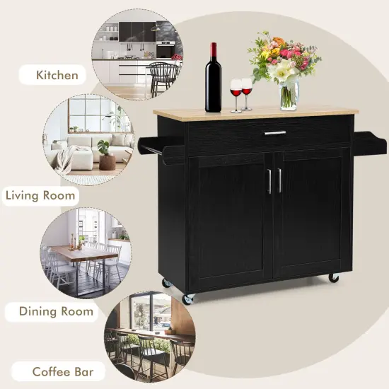 Rolling Kitchen Island Cart with Towel and Spice Rack Black {3}