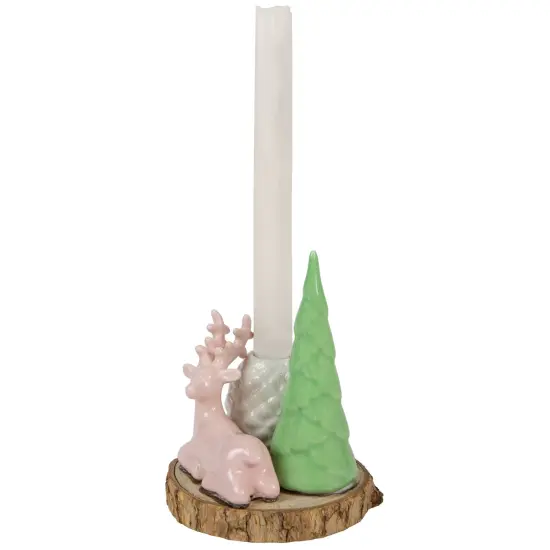 Northlight Reindeer with Tree and Pine Cone Christmas Taper Candle Holder - 6" Pink {5}