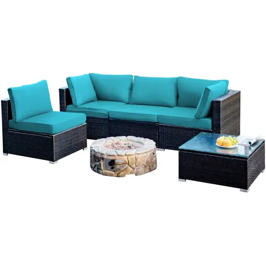 5 Pieces Cushioned Patio Rattan Furniture Set with Glass Table Turquoise {4}