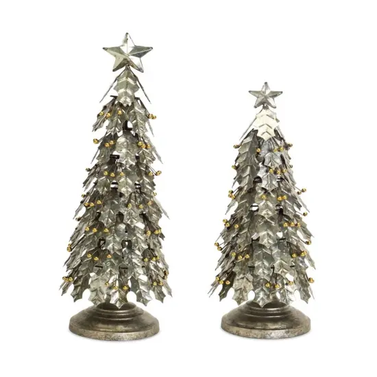 Melrose Metal Holly Leaf Artificial Christmas Tabletop Trees - 3' - Set of 2 Silver {1}