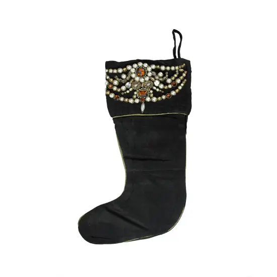 CC Christmas Decor 20" Black and Gold Pearl Beaded Christmas Stocking {1}