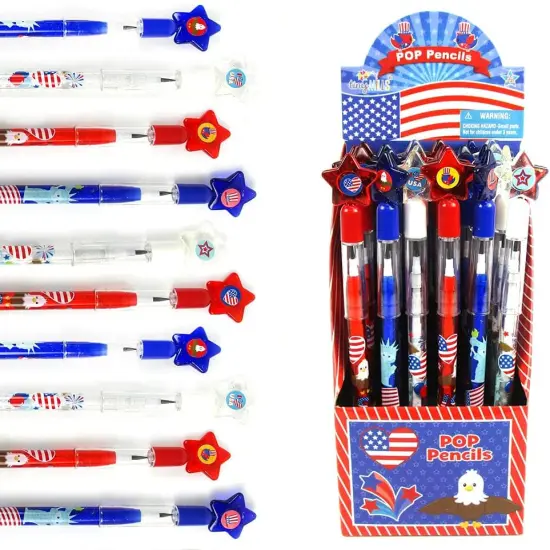TINYMILLS 24 Pcs Patriotic 4th of July Multi Point Stackable Push Pencil Assortment with Eraser {1}