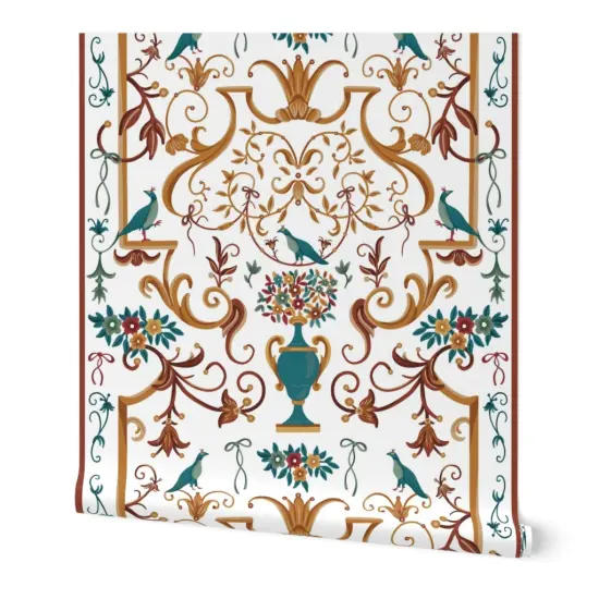 Peel & Stick Wallpaper 2FT Wide White Floral Birds Ribbons Vase Italian Naples Baroque Palace Villa Mediterranean Botanical Fresco Rococo Large Scale Custom Removable Wallpaper by Spoonflower {7}