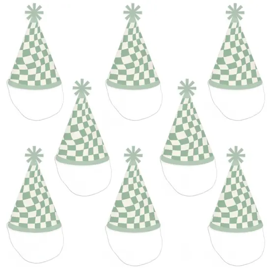 Big Dot of Happiness Sage Green Checkered Party - Cone Happy Birthday Party Hats for Kids and Adults - Set of 8 (Standard Size) {7}