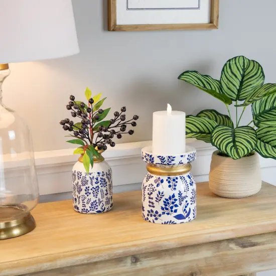 Northlight Floral Wooden Candle Holder - 6" - White and Blue {4}