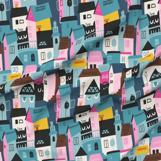 Various Fabrics by the Yard or Fat Quarter Black Cat Whimsical Colorful Cityscape Teal Pink Custom Printed Fabric by Spoonflower {6}
