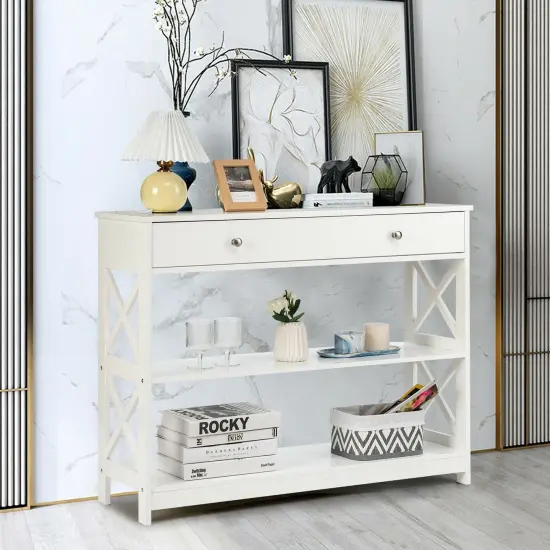 3-Tier Console Table with Drawers for Living Room Entryway White {2}