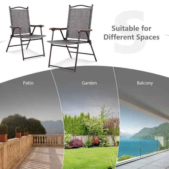 Set of 2 Patio Folding Sling Back Camping Deck Chairs with Steel Tube and Plastic Frame Grey {5}