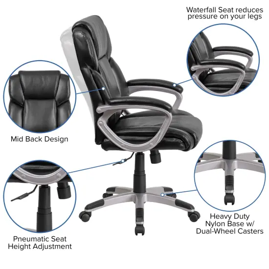 Emma and Oliver Mid-Back Faux Leather Executive Swivel Office Chair with Padded Arms Black {2}