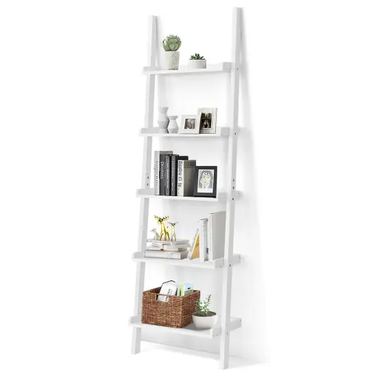 Costway Versatile White 5-Tier Bookshelf Leaning Wall Shelf LadderBookcase Storage Display Furni {1}