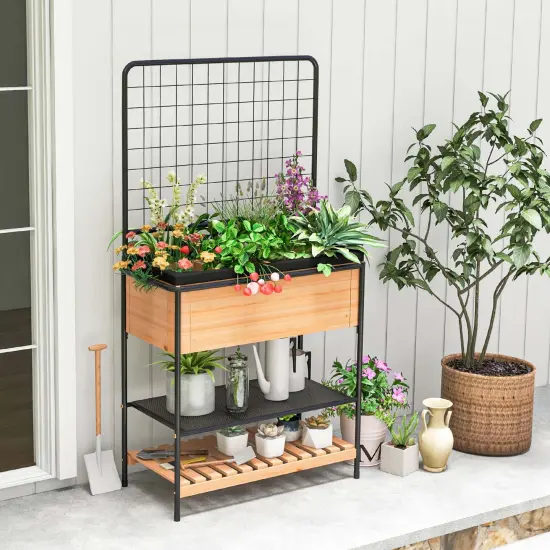 Costway 59" Raised Wooden Garden Bed with Metal Trellis Open Storage Shelves Drain Holes {2}