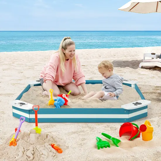 Outdoor Solid Wood Sandbox with 4 Built-in Animal Patterns Seats {1}
