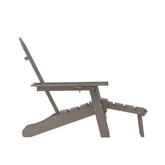 Merrick Lane Nassau Adirondack Chair with Cup Holder and Pull Out Ottoman, All-Weather HDPE Indoor/Outdoor Lounge Chair Gray {10}