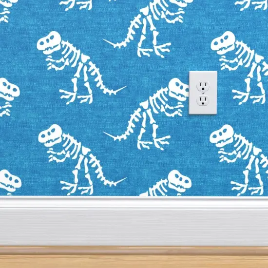 Pre-Pasted Wallpaper 2FT Wide Blue Dinosaur Tyrannosaurus Rex Trex Dino Bones Kid Small Scale Jurassic Custom Pre-pasted Wallpaper by Spoonflower {4}