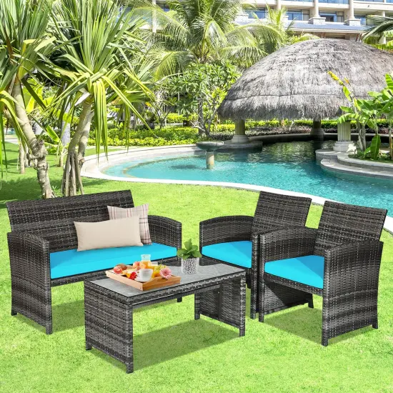 4 Pieces Patio Rattan Furniture Set with Glass Table and Loveseat Turquoise {3}