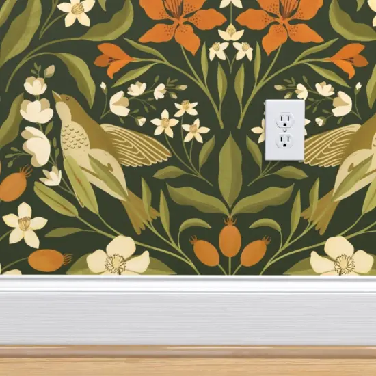 Pre-Pasted Wallpaper 2FT Wide Jumbo Floral Green Leaves Orange Lily Flowers Birds Custom Pre-pasted Wallpaper by Spoonflower {4}