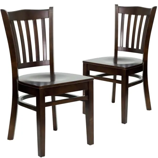 Emma and Oliver 2 Pack Vertical Slat Back Wooden Restaurant Chair WalnutSeat/Walnut {1}