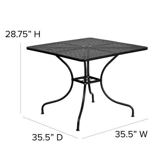 Emma and Oliver Commercial Grade 35.5" Square Colorful Metal Garden Patio Table with Umbrella Hole Black {4}