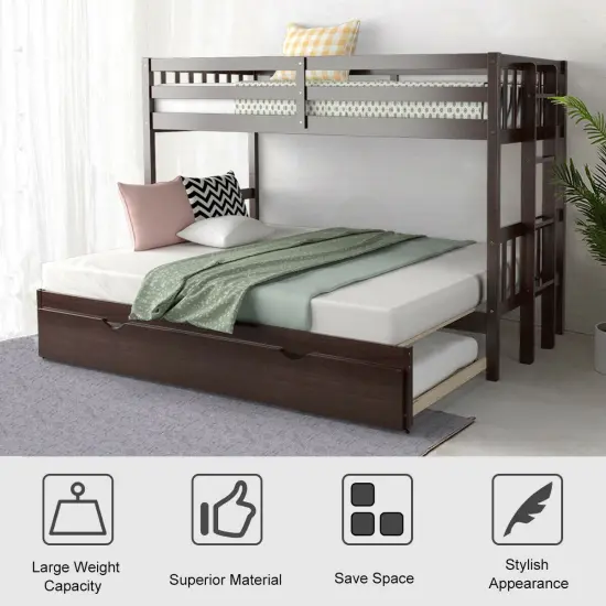 Dark Brown White Wood 4-in-1 Convertible Bunk Bed with Trundle and Ladder Espresso {3}