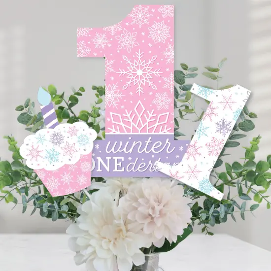 Big Dot of Happiness Pink Snowflakes 1st Birthday - Girl Winter ONEderland Party Centerpiece Sticks - Table Toppers - Set of 15 {1}