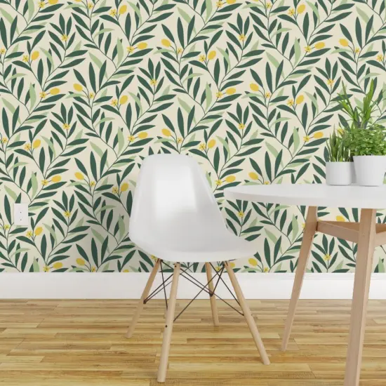 Peel & Stick Wallpaper 2FT Wide Green Yellow Botanical Garden Floral Nature Abstract Olive Medium Scale Custom Removable Wallpaper by Spoonflower {1}