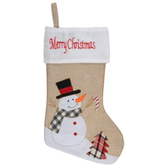 Northlight 19" Beige and Red Burlap "Merry Christmas" Snowman Christmas Stocking {1}