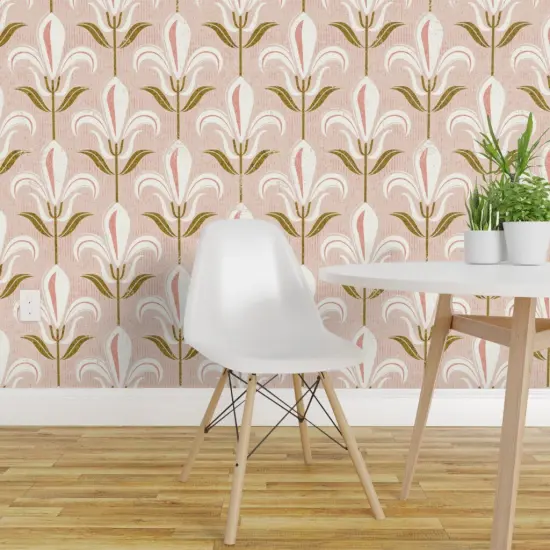 Pre-Pasted Wallpaper 2FT Wide Pink Floral Fleur-De-Lis Lily Retro Flowers White Fresco Large Scale Custom Pre-pasted Wallpaper by Spoonflower {1}