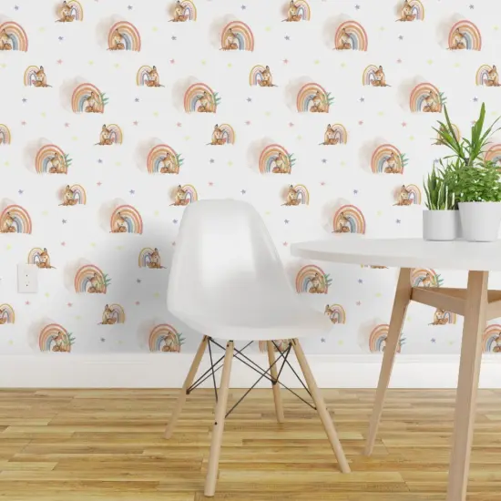 Pre-Pasted Wallpaper 2FT Wide Woodland Baby Cute Fawn Watercolor Rainbow Kids Forest Deer Animals Custom Pre-pasted Wallpaper by Spoonflower {1}