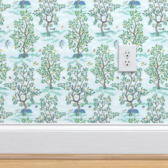 Peel & Stick Wallpaper 2FT Wide Blue Floral Citrus Tree Botanical Toile Kitsch Fruit Grove Woodland Farm Lemon Orange Lime Small Scale Custom Removable Wallpaper by Spoonflower {4}