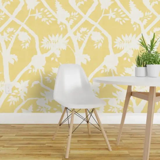 Peel & Stick Wallpaper 2FT Wide Chinoiserie Butter Yellow Cream Floral Flower Silhouette Timeless Grandmillenial Custom Removable Wallpaper by Spoonflower {1}