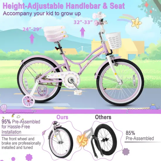 Babyjoy 18 Inch Kid Bike 95% Pre-Assembled Girls Bicycle with Training Wheels & Basket Age 6-9 Years Old Pink/Purple {5}
