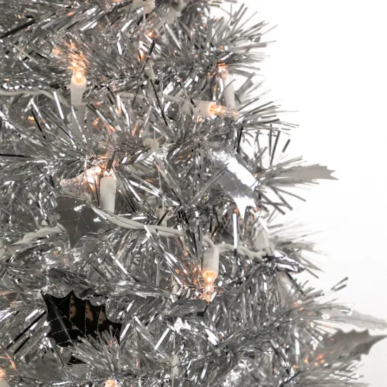 Northlight 4' Pre-Lit Silver Tinsel Pop-Up Artificial Christmas Tree, Clear Lights {4}